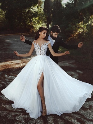 A-Line Wedding Dresses V Neck Court Train Chiffon Lace Cap Sleeve Country Romantic Sexy See-Through Backless_2