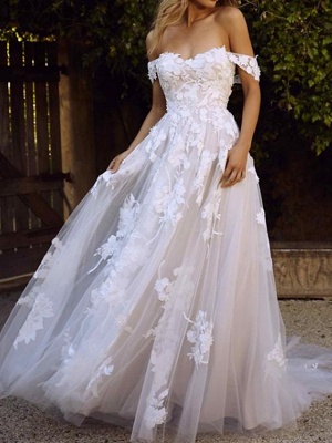 A-Line Wedding Dresses Off Shoulder Sweep \ Brush Train Lace Short Sleeve Country Plus Size_3