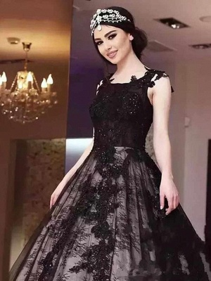 A-Line Jewel Neck Court Train Lace Satin Tulle Regular Straps Black Wedding Dresses_1