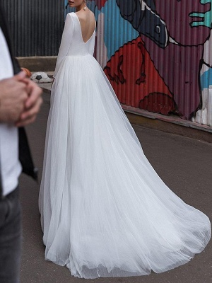 A-Line Wedding Dresses Jewel Neck Sweep \ Brush Train Satin Tulle Long Sleeve Simple_2