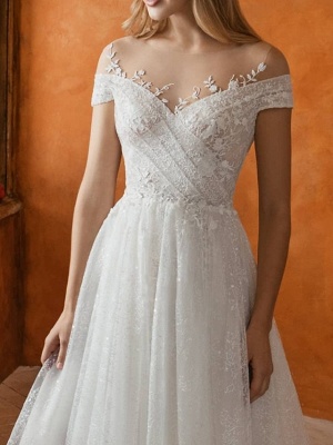 A-Line Jewel Neck Sweep \ Brush Train Lace Tulle Short Sleeve Country Wedding Dresses_3