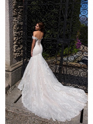 Mermaid \ Trumpet Off Shoulder Court Train Lace Tulle Short Sleeve Sexy Backless Wedding Dresses_3