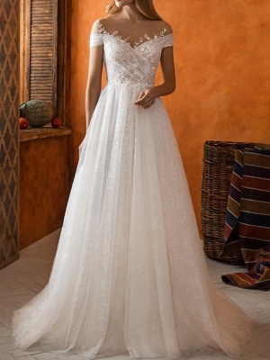 A-Line Jewel Neck Sweep \ Brush Train Lace Tulle Short Sleeve Country Wedding Dresses_1