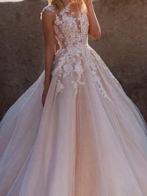 A-Line Wedding Dresses Jewel Neck Court Train Lace Tulle Sleeveless Sexy See-Through_3
