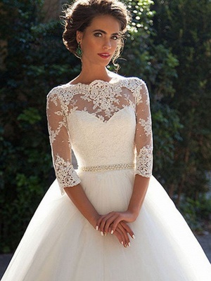A-Line Wedding Dresses Off Shoulder Court Train Lace Tulle 3\4 Length Sleeve Formal Sexy Illusion Sleeve_3