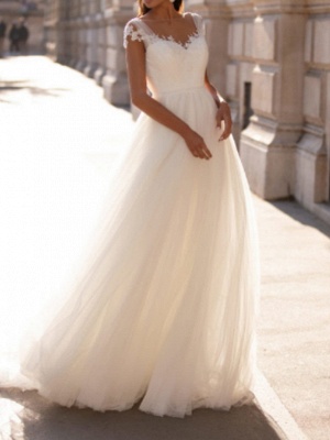 A-Line Wedding Dresses V Neck Floor Length Polyester Sleeveless Country Illusion Detail Plus Size_2