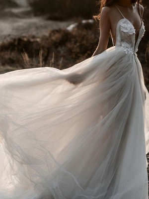 A-Line Wedding Dresses Spaghetti Strap Plunging Neck Sweep \ Brush Train Lace Tulle Sleeveless Beach Sexy See-Through_1