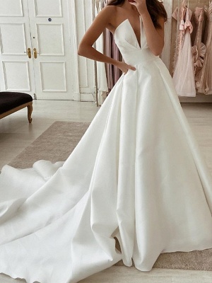 A-Line Wedding Dresses Strapless Sweep \ Brush Train Stretch Satin Sleeveless Country Plus Size_1