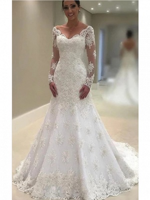 A-Line V Neck Court Train Lace Tulle Charmeuse Long Sleeve Formal Plus Size Illusion Sleeve Wedding Dresses_1