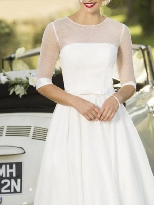 A-Line Wedding Dresses Jewel Neck Tea Length Satin Tulle Half Sleeve Vintage Sexy Wedding Dress in Color_2
