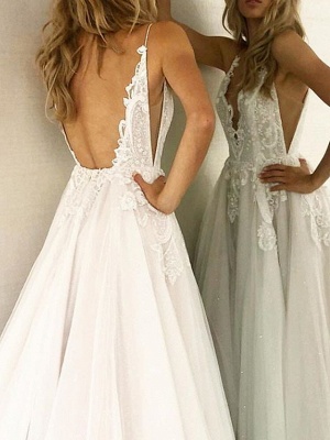 A-Line Wedding Dresses V Neck Sweep \ Brush Train Lace Tulle Sleeveless Sexy Backless_3