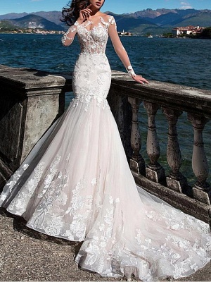 Mermaid \ Trumpet Jewel Neck Court Train Lace Tulle Long Sleeve Formal See-Through Wedding Dresses_1