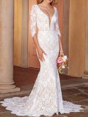 Sheath \ Column V Neck Court Train Lace Half Sleeve Country Wedding Dress in Color Wedding Dresses_1