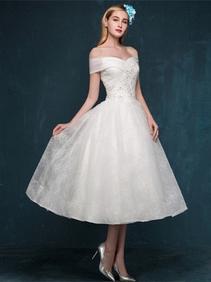 A-Line Wedding Dresses Off Shoulder Tea Length Beaded Lace Short Sleeve Casual Vintage Plus Size Cute_6