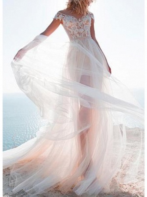 A-Line Wedding Dresses Jewel Neck Sweep \ Brush Train Lace Tulle Cap Sleeve_1