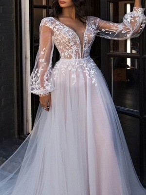 A-Line V Neck Sweep \ Brush Train Lace Tulle Long Sleeve Beach Sexy See-Through Wedding Dresses_3