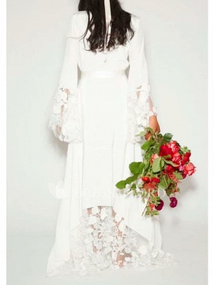 A-Line Wedding Dresses V Neck Floor Length Chiffon Lace Long Sleeve Casual Illusion Detail_2