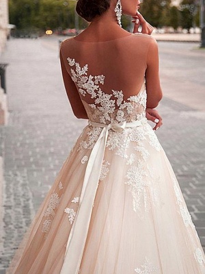 A-Line Wedding Dresses Jewel Neck Sweep \ Brush Train Lace Tulle Sleeveless Formal Sexy See-Through_3