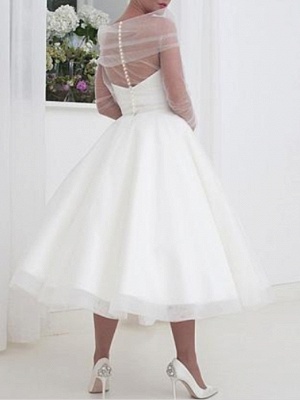 A-Line Wedding Dresses Bateau Neck Tea Length Tulle Long Sleeve Vintage Little White Dress 1950s_2