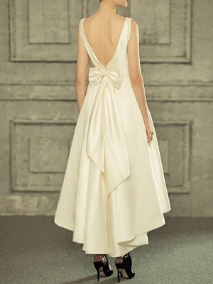 A-Line Wedding Dresses V Neck Asymmetrical Satin Regular Straps Simple Casual Vintage Little White Dress_3