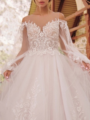 A-Line Wedding Dresses Jewel Neck Floor Length Lace Tulle Long Sleeve Formal See-Through_3