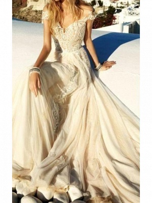 A-Line Sweetheart Neckline Sweep \ Brush Train Polyester Short Sleeve Country Plus Size Wedding Dresses_2