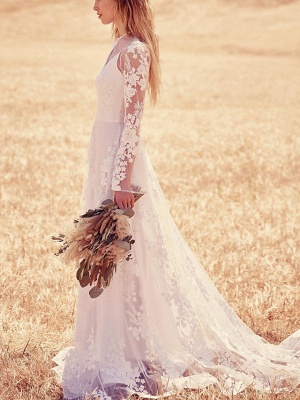 A-Line Jewel Neck Sweep \ Brush Train Lace Long Sleeve Beach Illusion Sleeve Wedding Dresses_5