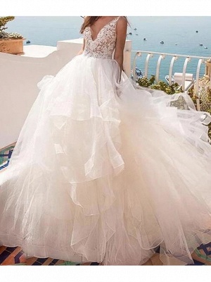 Ball Gown Wedding Dresses V Neck Sweep \ Brush Train Lace Tulle Sleeveless Country Sexy See-Through_1