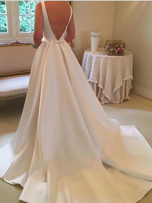 A-Line Wedding Dresses Jewel Neck Sweep \ Brush Train Stretch Satin Spaghetti Strap Simple Backless Elegant_3