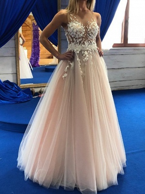 A-Line Wedding Dresses Jewel Neck Floor Length Lace Tulle Sleeveless Sexy Wedding Dress in Color See-Through_1