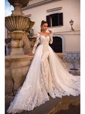 Ball Gown Mermaid \ Trumpet Sweetheart Neckline Court Train Lace Tulle Lace Over Satin Long Sleeve Sexy Plus Size Modern Detachable Wedding Dresses_1