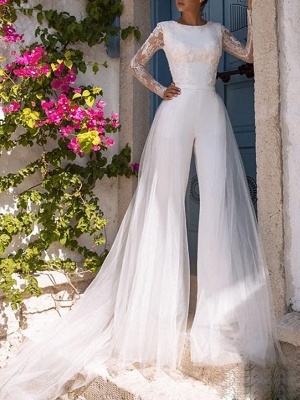 Jumpsuits Wedding Dresses Jewel Neck Court Train Lace Tulle Polyester Long Sleeve Illusion Sleeve_1