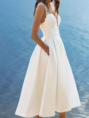 A-Line Wedding Dresses V Neck Ankle Length Lace Satin Sleeveless Vintage 1950s_2