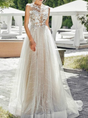 A-Line Wedding Dresses Jewel Neck Sweep \ Brush Train Lace Tulle Polyester Short Sleeve Formal Plus Size_2