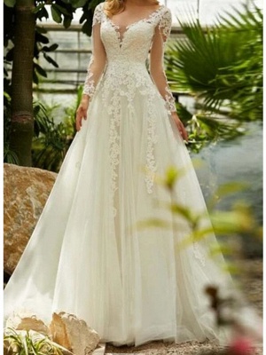 A-Line Wedding Dresses V Neck Sweep \ Brush Train Lace Tulle Long Sleeve Formal_3