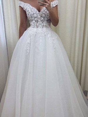 A-Line Wedding Dresses V Wire Sweep \ Brush Train Lace Tulle Short Sleeve Sexy See-Through_2