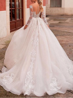 A-Line Wedding Dresses Jewel Neck Sweep \ Brush Train Lace Tulle Long Sleeve Formal Sexy See-Through Backless_2