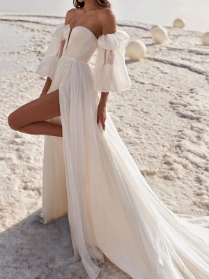 A-Line Wedding Dresses Off Shoulder Strapless Court Train Chiffon Over Satin 3\4 Length Sleeve Sexy_1