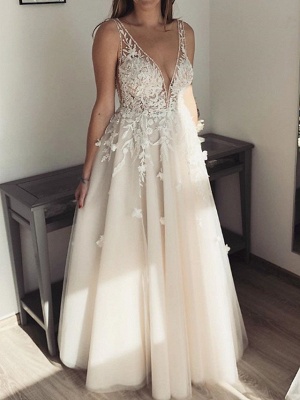 A-Line Wedding Dresses Plunging Neck Floor Length Lace Tulle Sleeveless Country Sexy See-Through Plus Size_1