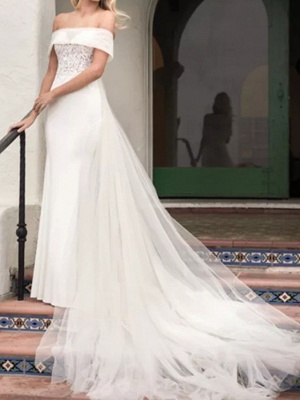 A-Line Wedding Dresses Off Shoulder Court Train Lace Satin Tulle Short Sleeve Formal_1