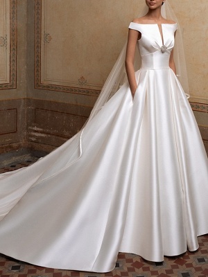 A-Line Wedding Dresses Off Shoulder Sweep \ Brush Train Satin Short Sleeve Simple Elegant_1