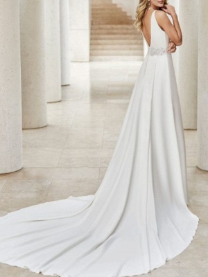 A-Line Wedding Dresses V Neck Court Train Satin Sleeveless Formal Plus Size_2