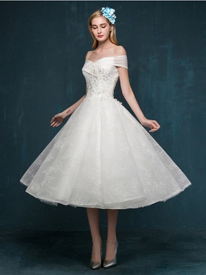 A-Line Wedding Dresses Off Shoulder Tea Length Beaded Lace Short Sleeve Casual Vintage Plus Size Cute_2
