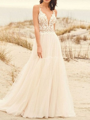 A-Line Wedding Dresses V Neck Sweep \ Brush Train Lace Tulle Spaghetti Strap Illusion Detail Backless_1