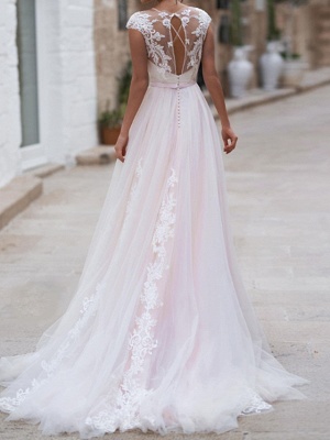 A-Line Wedding Dresses Jewel Neck Sweep \ Brush Train Lace Taffeta Chiffon Over Satin Short Sleeve Country Plus Size_2