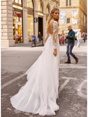 A-Line Wedding Dresses V Neck Court Train Lace Long Sleeve Country Formal Casual Illusion Sleeve_2