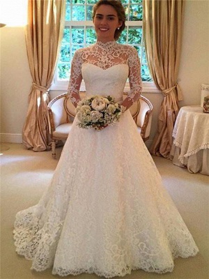 A-Line High Neck Sweep \ Brush Train Lace 3\4 Length Sleeve Lace Illusion Sleeve Wedding Dresses_3