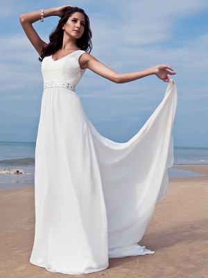 Sheath \ Column Wedding Dresses V Neck Floor Length Chiffon Regular Straps Simple Beach Plus Size_1