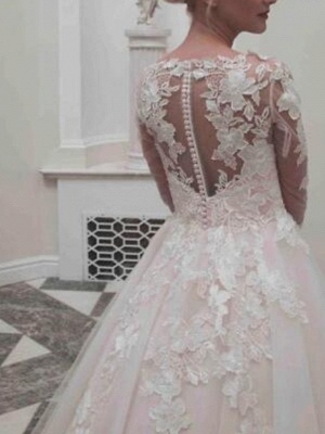Ball Gown Wedding Dresses Jewel Neck Tea Length Lace Tulle Long Sleeve Casual Vintage Little White Dress See-Through Cute_2