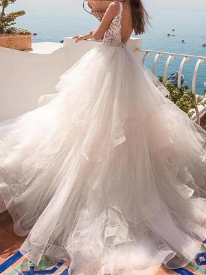 Ball Gown Wedding Dresses V Neck Sweep \ Brush Train Lace Tulle Sleeveless Country Sexy See-Through_2